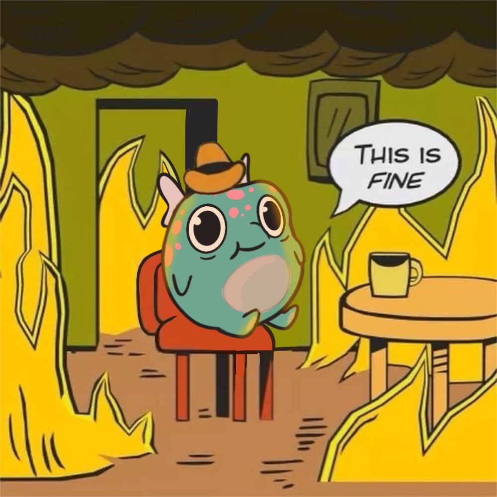 Yuki saying 'this is fine' surrounded by flames